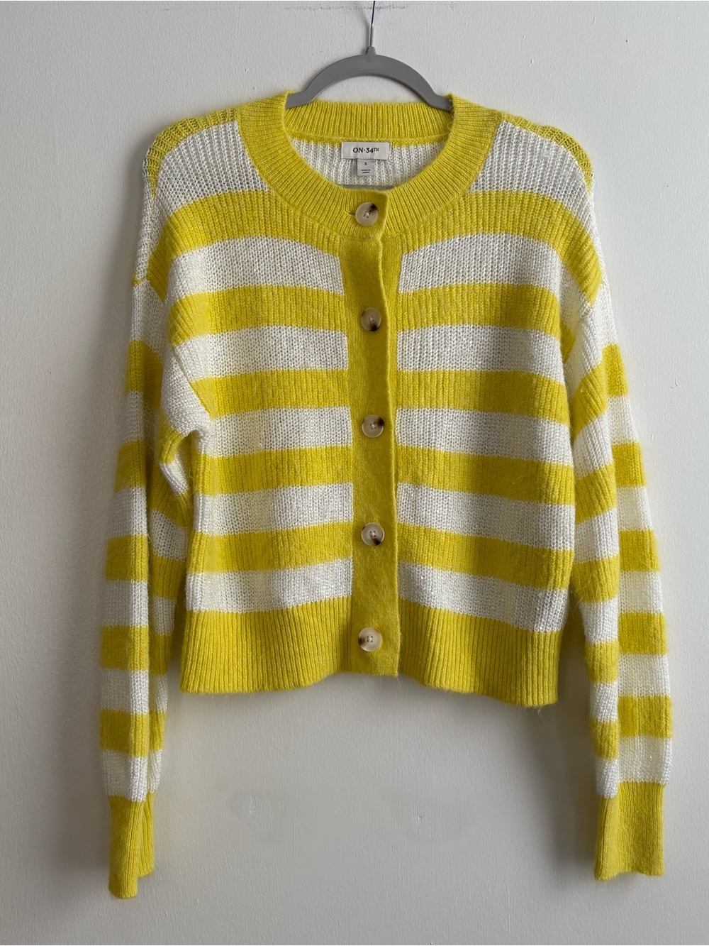 ON•34TH Yellow White Striped Knit Button Sequin Crew Neck Cardigan Sweater S